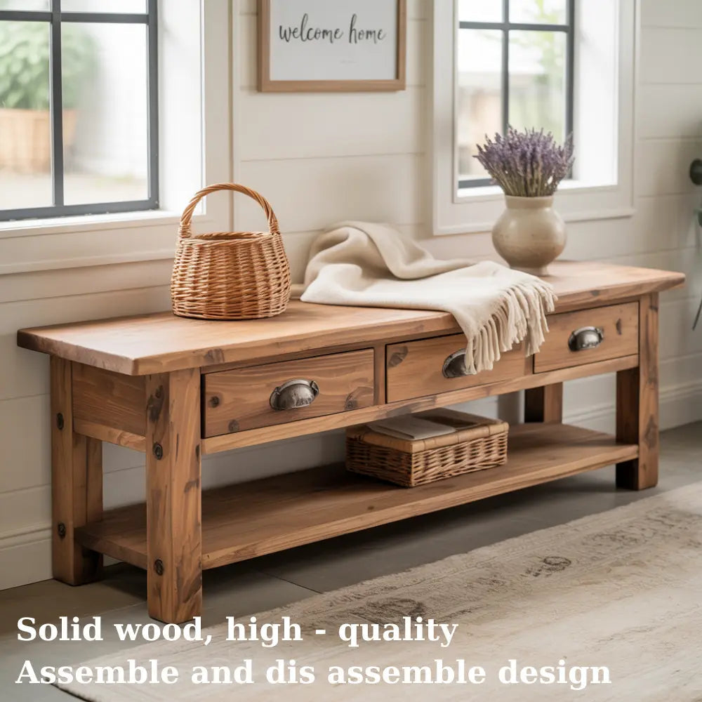 Handcrafted Solid Wood Bench – Rustic Entryway Bench with 3 Drawers & Shelf Kitchnce