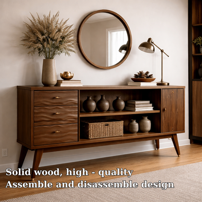 Mid-Century Modern Walnut Console Cabinet -Storage with Elegant Wave Design