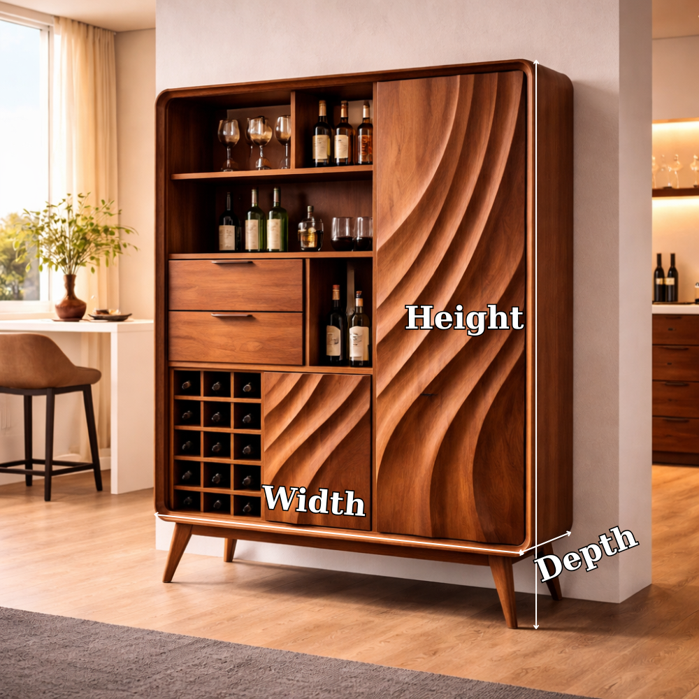 Solid Walnut Bar Cabinet with Wine Storage and Sculpted Wave Doors