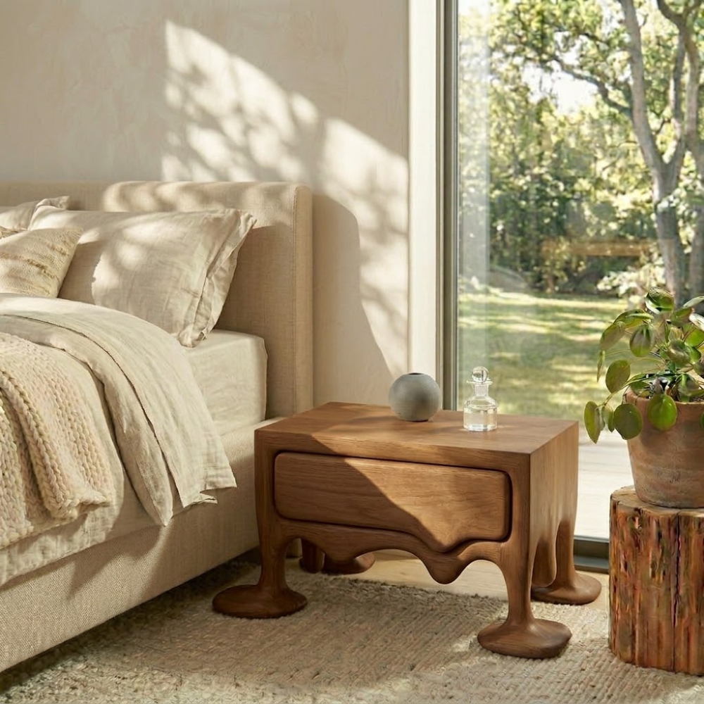 Solid Wood Nightstand with Drawer – Sculptural Organic Bedside Table
