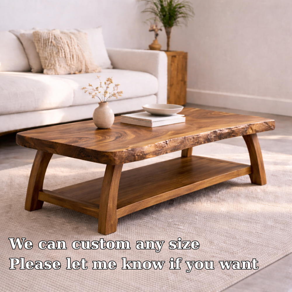Live Edge Solid Wood Coffee Table with Storage Shelf – Rustic Modern Living Room Table Kitchnce