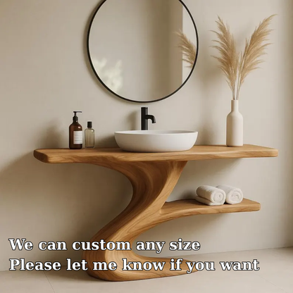 Handcrafted Solid Wood Bathroom Vanity with Curved Base – Modern Organic Sink Console Kitchnce