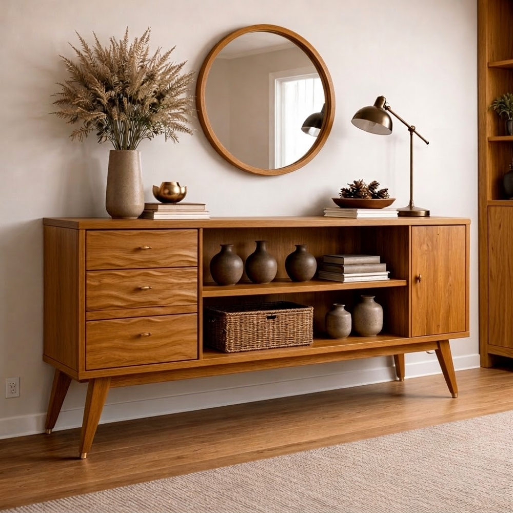 Mid-Century Modern Walnut Console Cabinet -Storage with Elegant Wave Design