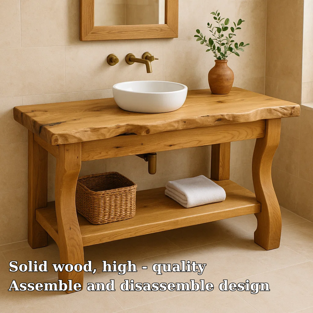 Solid Oak Floating Bathroom Vanity with Round Sink and Brass Fixtures Kitchnce