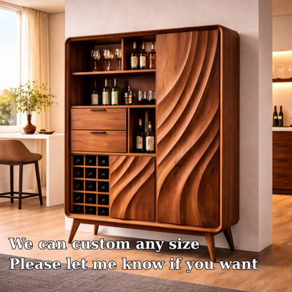 Solid Walnut Bar Cabinet with Wine Storage and Sculpted Wave Doors