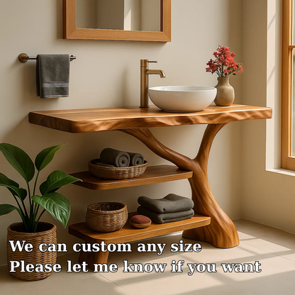 Handcrafted Solid Wood Bathroom Vanity – Natural Double Shelf Design for Modern Rustic Spaces Kitchnce