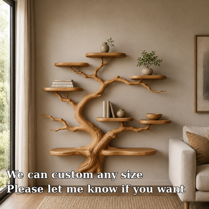 Modern Solid Wood Tree Bookshelf Floating Wall Shelf Handmade Organic Tree Bookcase