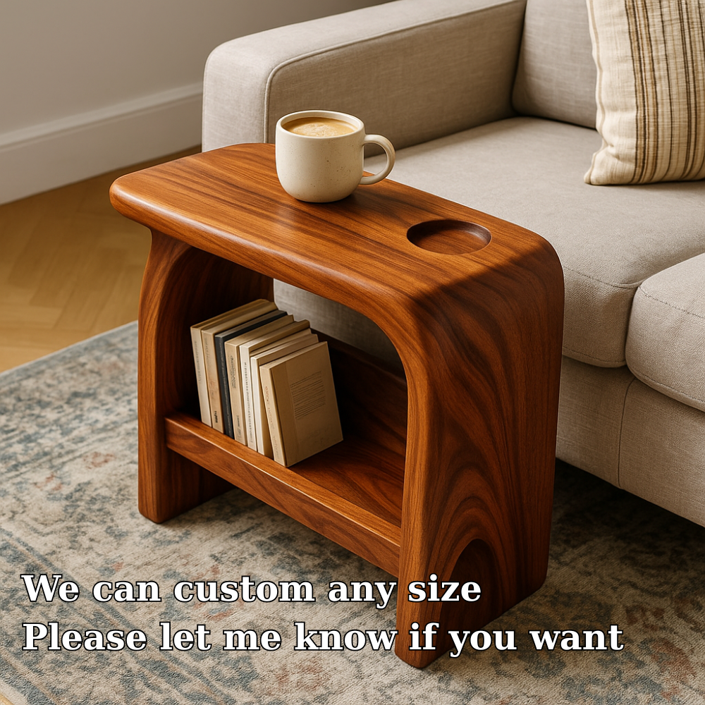 Solid Wood Sofa Armrest Table with Cup Holder and Book Storage Side Table
