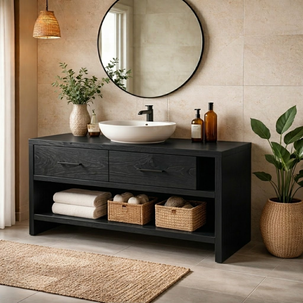 Solid Wood Bathroom Vanity with Drawers and Open Shelf – Modern Vanity Cabinet