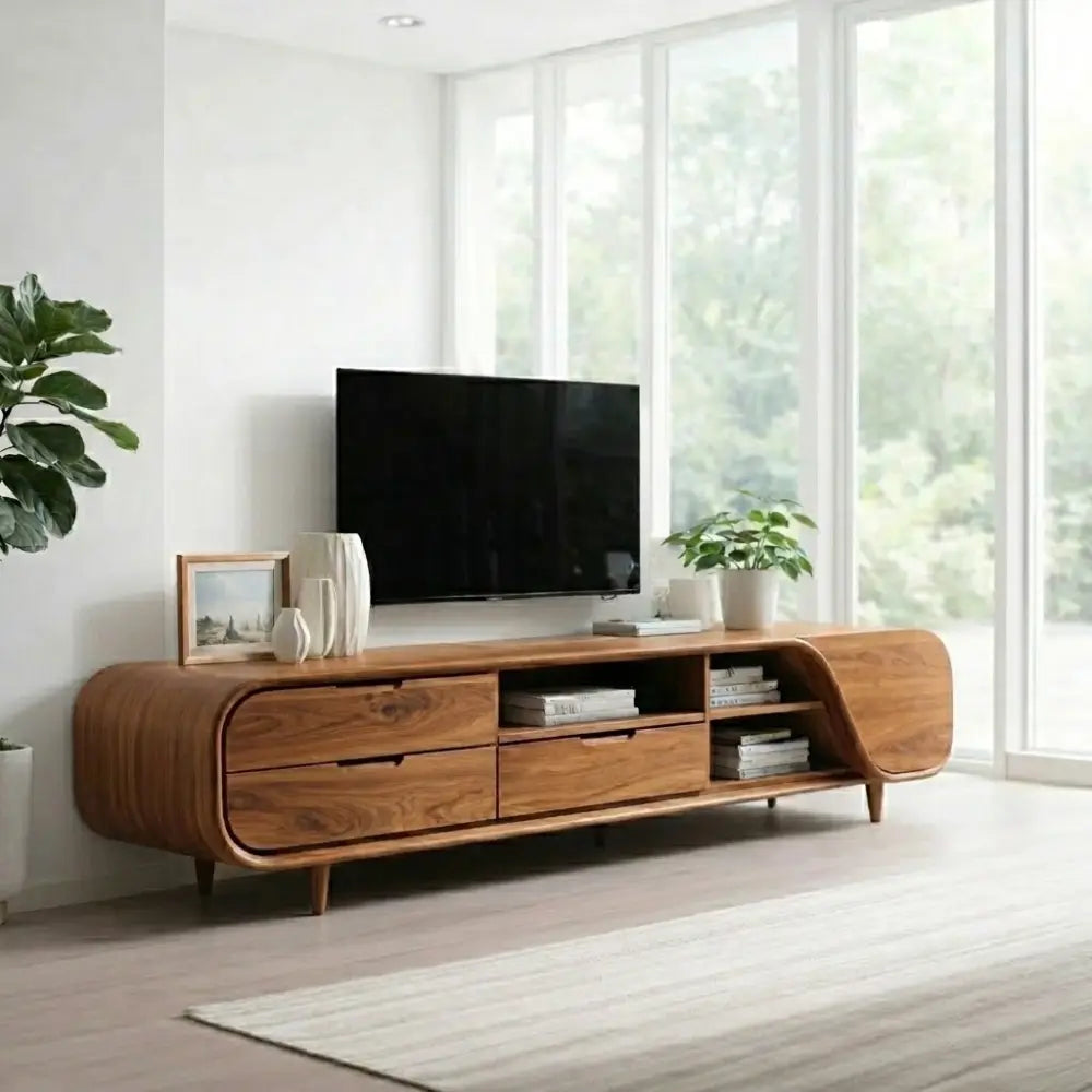 Solid Wood TV Cabinet Modern Curved Media Console with Drawers Kitchnce