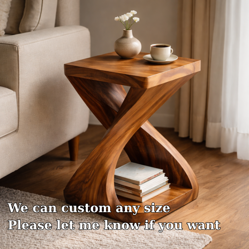Sculptural Solid Wood End Table with Curved Base and Shelf – Modern Side Table