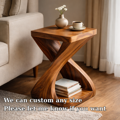 Sculptural Solid Wood End Table with Curved Base and Shelf – Modern Side Table