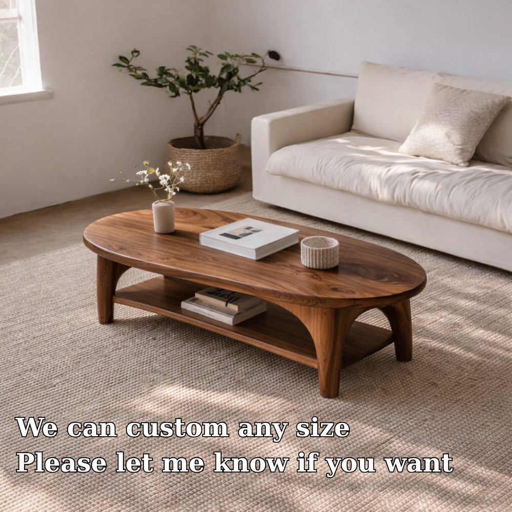 Handcrafted Solid Wood Coffee Table – Oval Modern Center Table with Shelf Kitchnce