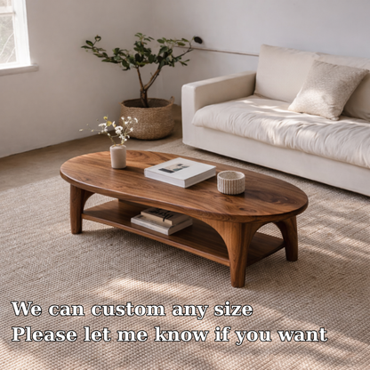 Handcrafted Solid Wood Coffee Table – Oval Modern Center Table with Shelf Kitchnce