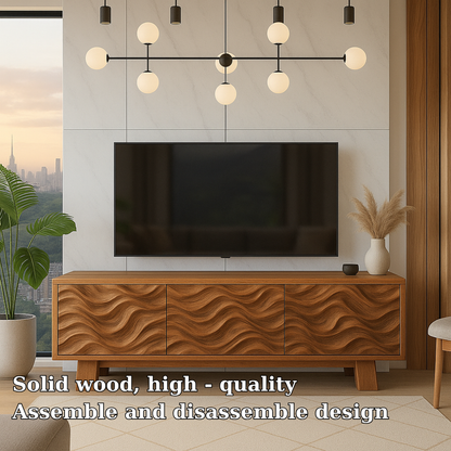 Solid Wood TV Stand Modern Walnut Media Console with Wave Front Storage Cabinet