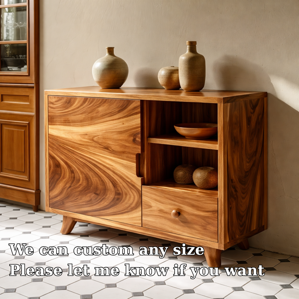 Solid Wood Console Cabinet - Mid-Century Modern with Open Shelving and Drawers