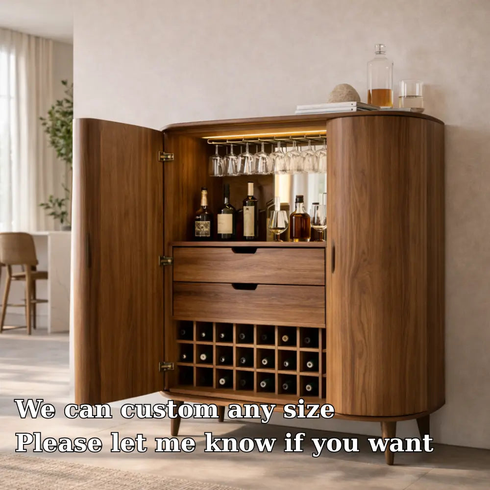 Solid Wood Bar Cabinet with Wine Rack, Glass Holder & Drawers – Modern Home Liquor Storage Kitchnce