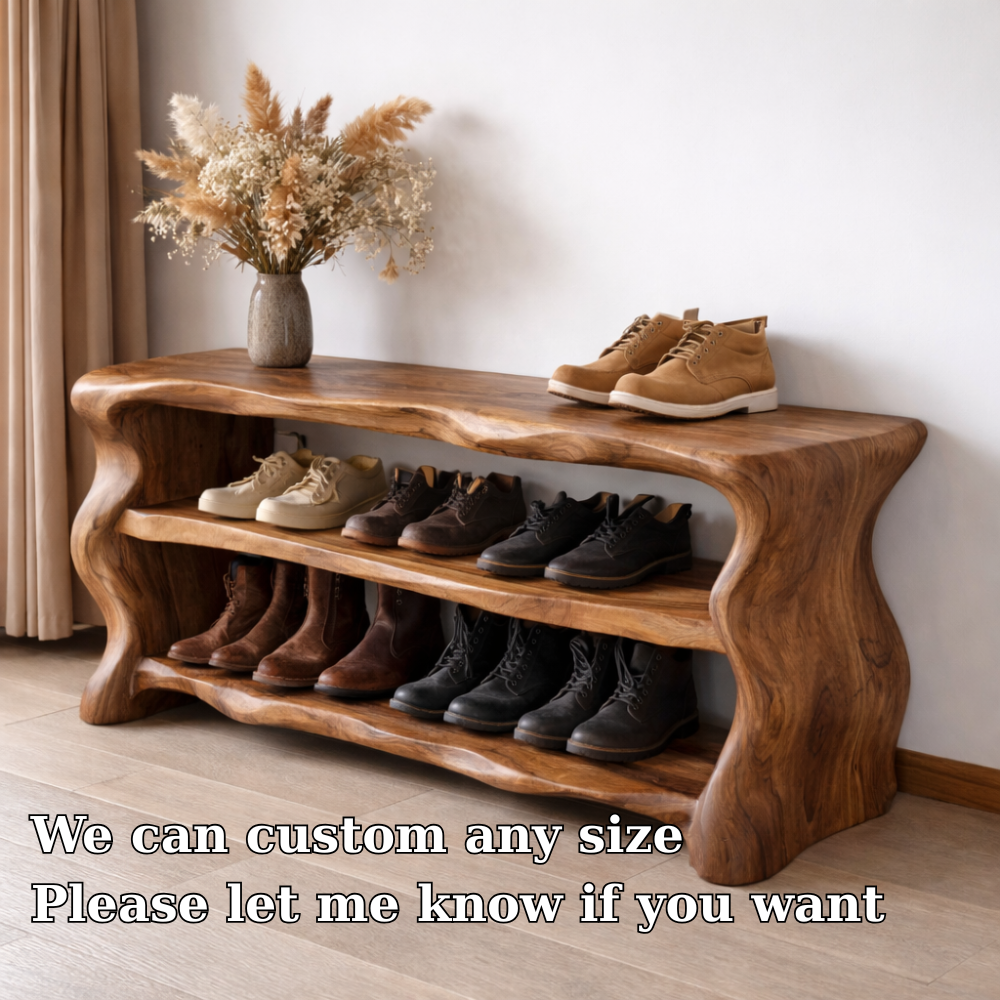 Solid Wood Entryway Bench with Shoe Storage – Rustic Live Edge Shoe Rack Bench Kitchnce