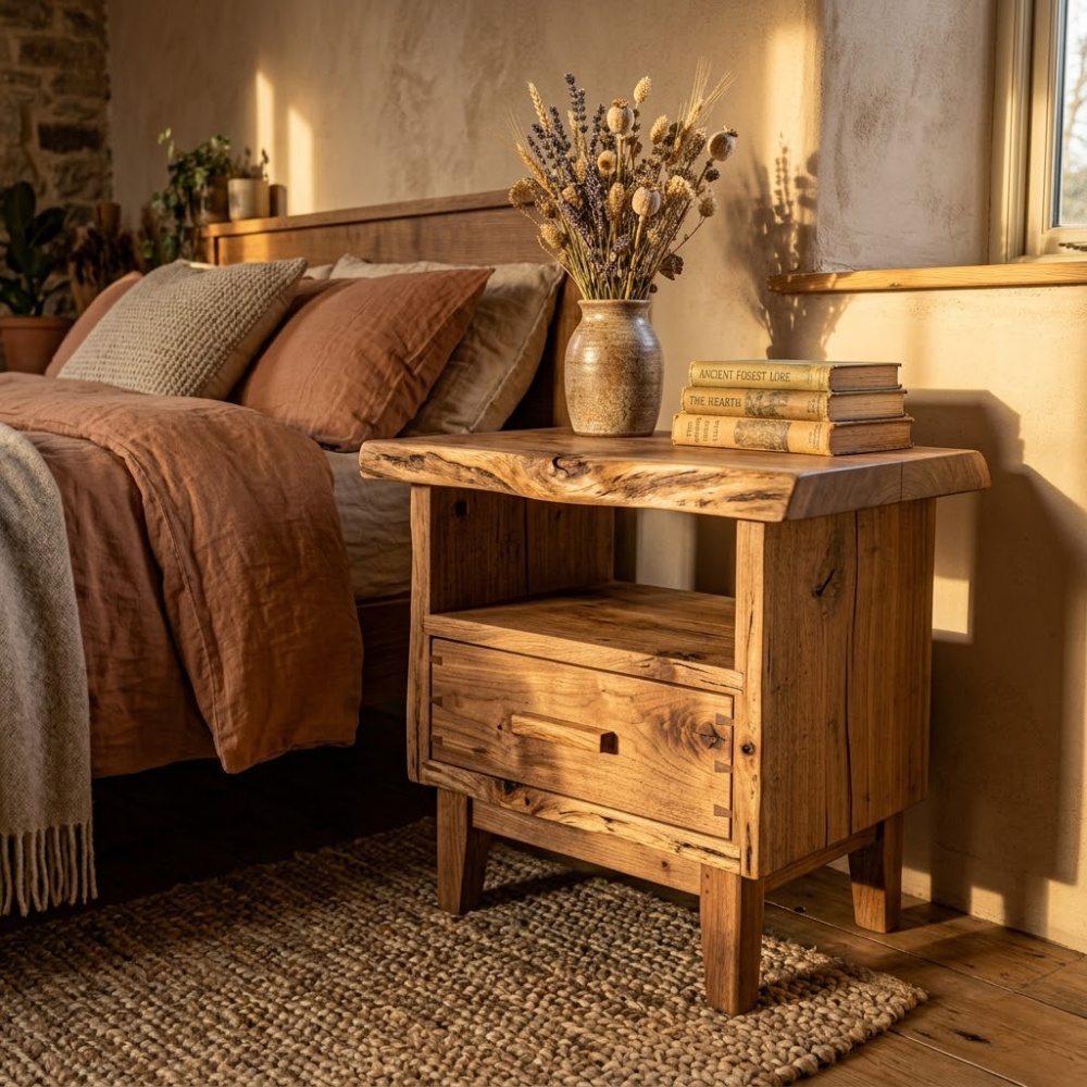 Rustic Solid Wood Nightstand with Drawer & Shelf – Farmhouse Bedside Table