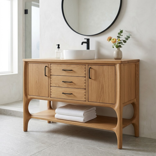 Solid Wood Bathroom Vanity with Drawers & Open Shelf – Modern Natural Base