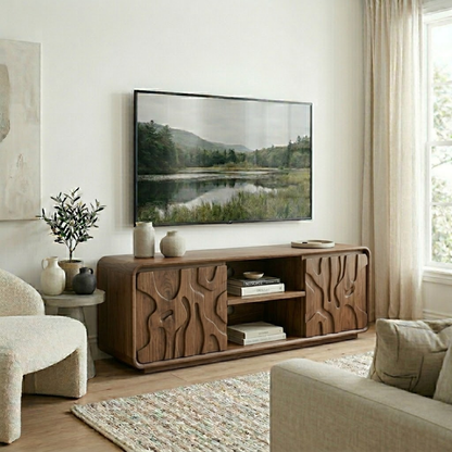 Solid Wood Media Console with Carved Doors, Modern TV Stand with Open Storage