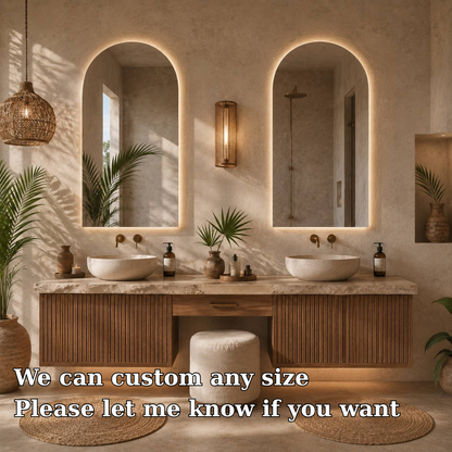 Double Sink Floating Vanity with Makeup Station, Fluted Wood Bathroom Cabinet