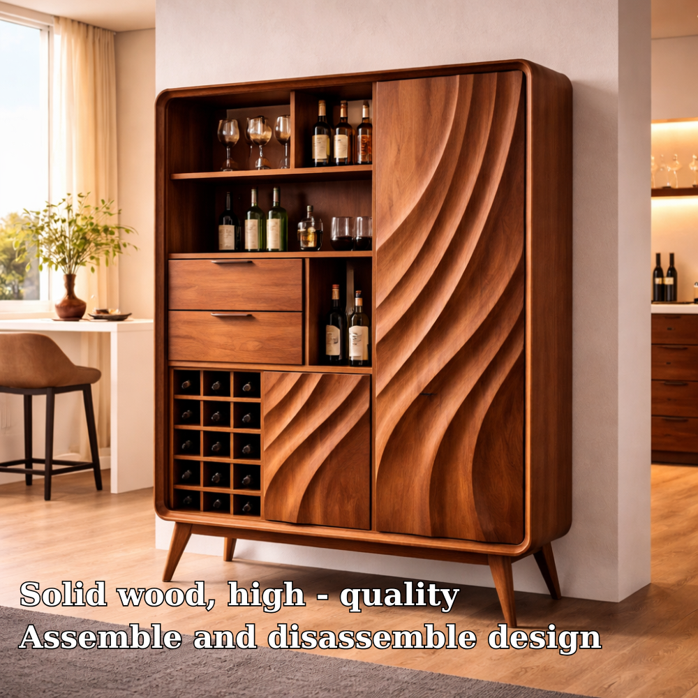 Solid Walnut Bar Cabinet with Wine Storage and Sculpted Wave Doors