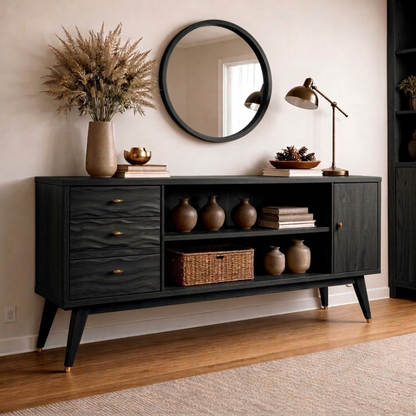 Mid-Century Modern Walnut Console Cabinet -Storage with Elegant Wave Design