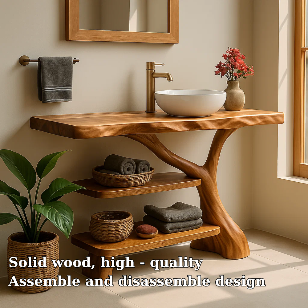 Handcrafted Solid Wood Bathroom Vanity – Natural Double Shelf Design for Modern Rustic Spaces Kitchnce