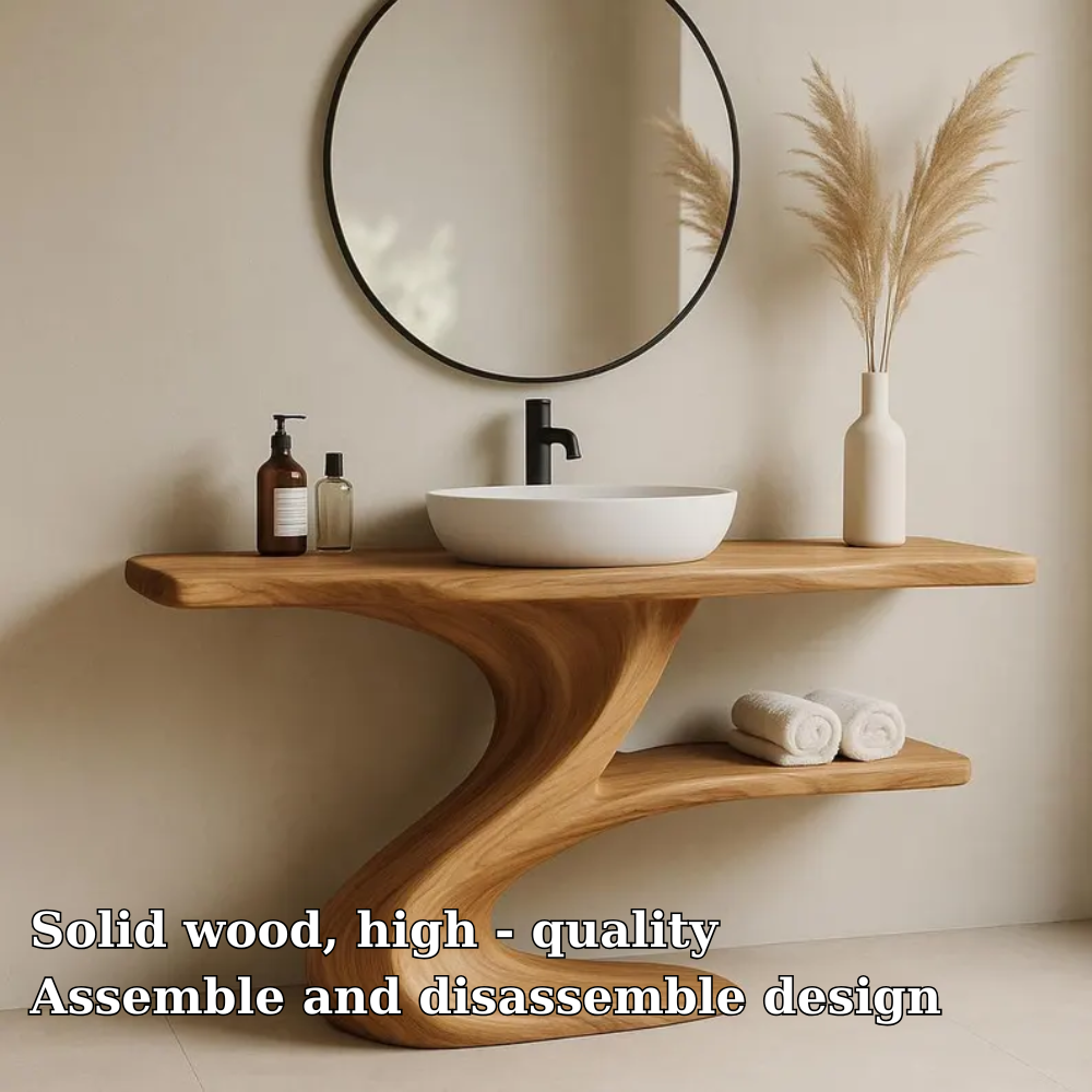 Handcrafted Solid Wood Bathroom Vanity with Curved Base – Modern Organic Sink Console Kitchnce