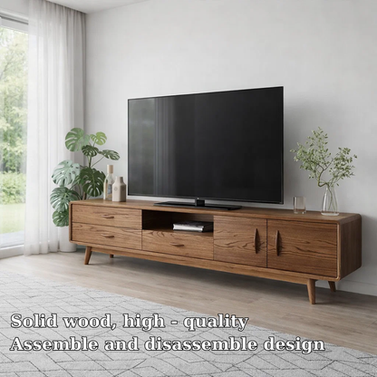 Solid Wood TV Console with Drawers & Cabinets – Modern Mid Century Stand