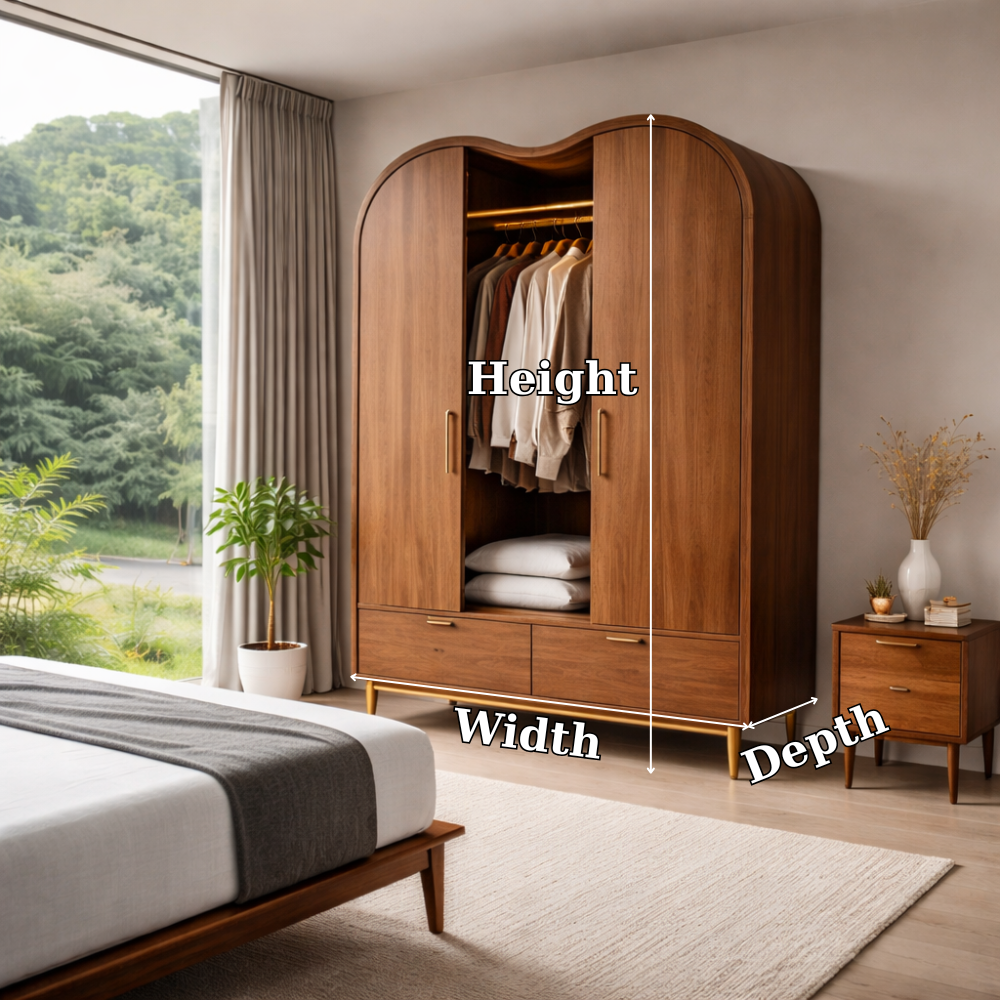Solid Wood Wardrobe with Curved Top and Drawers – Modern Bedroom Closet