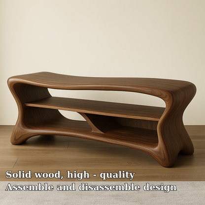 Sculptural Solid Wood TV Console – Modern Wooden Media Stand with Storage Shelf Kitchnce