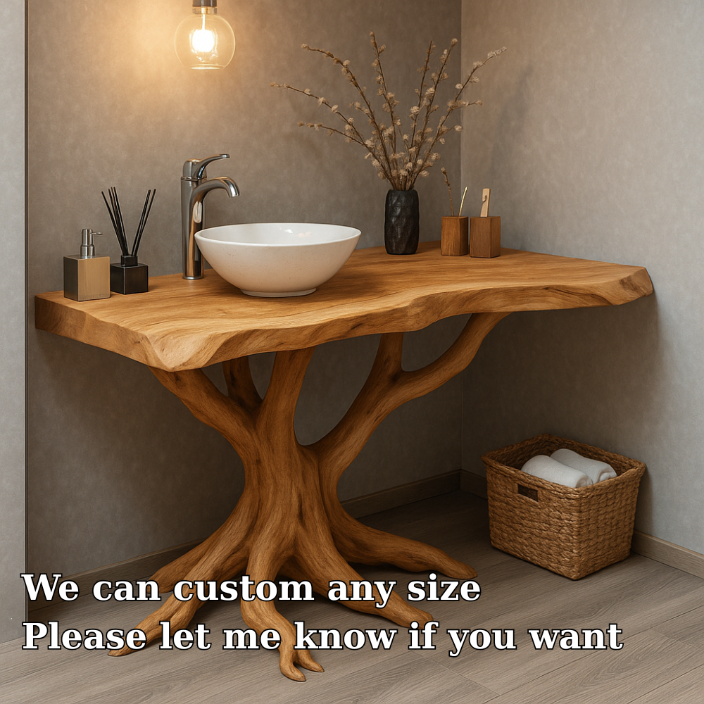 Handcrafted Solid Wood Bathroom Vanity – Sculptural Tree Root Design with Natural Live Edge Kitchnce