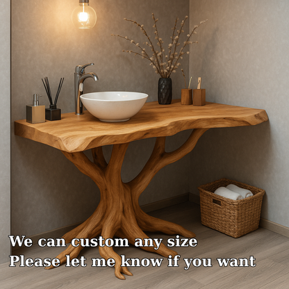 Handcrafted Solid Wood Bathroom Vanity – Sculptural Tree Root Design with Natural Live Edge Kitchnce