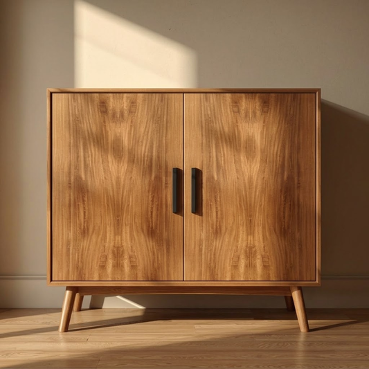 Sleek Walnut Console Cabinet -  Mid-Century Modern Design with Black Handles