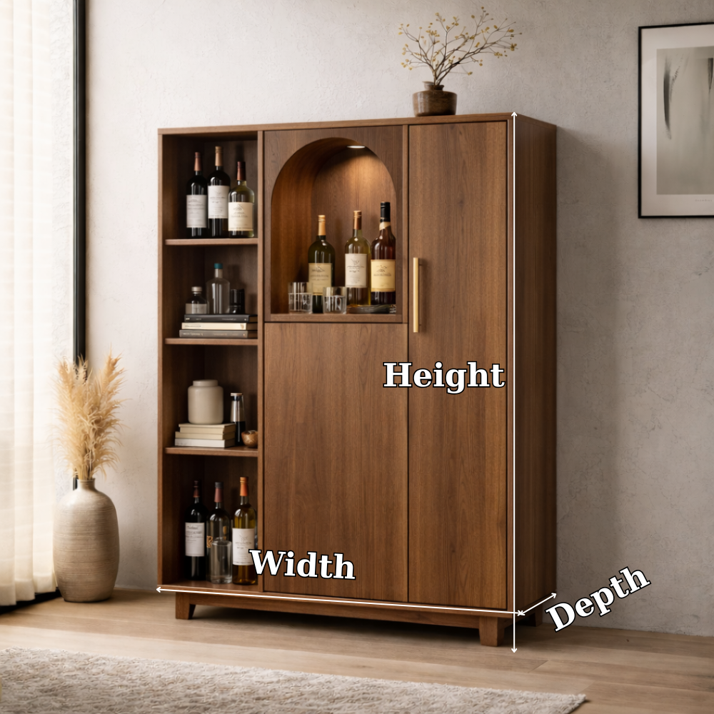 Solid Wood Bar Cabinet with Arched Display Niche and Open Wine Storage Shelf