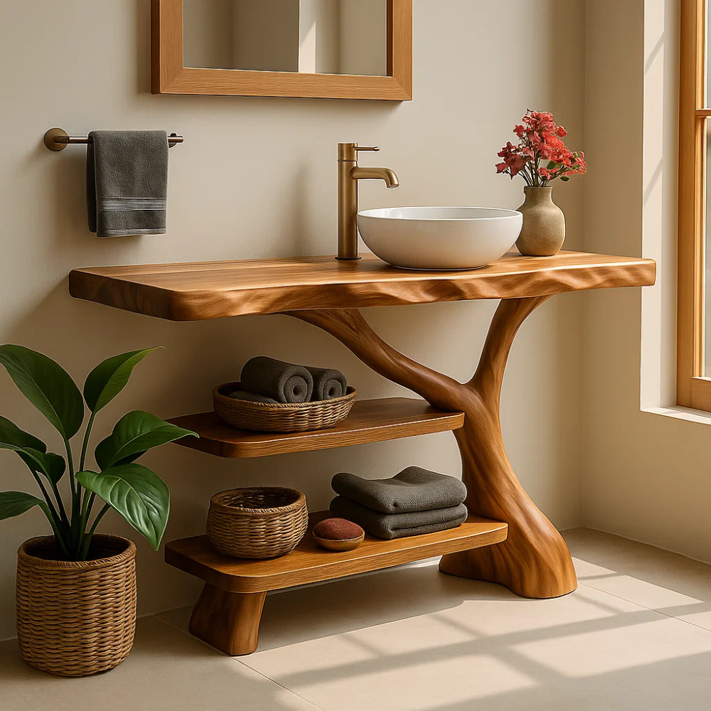 Handcrafted Solid Wood Bathroom Vanity – Natural Double Shelf Design for Modern Rustic Spaces Kitchnce