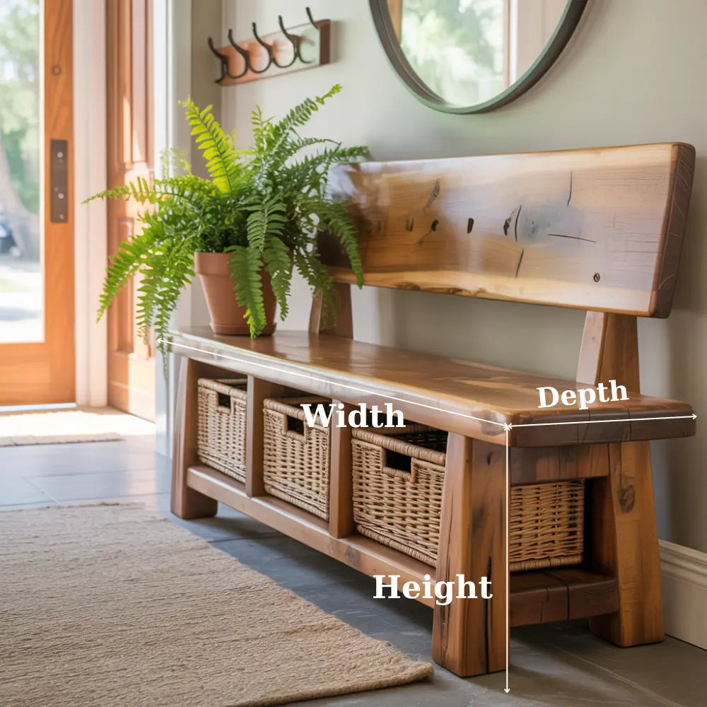 Handcrafted Solid Wood Bench – Rustic Maple Entryway Bench with Backrest and Wicker Storage Baskets Kitchnce