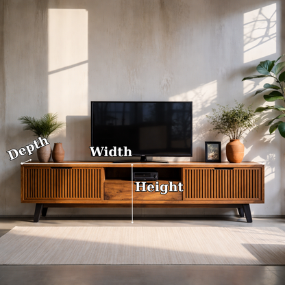 Solid Wood Media Console with Slatted Doors – Modern TV Stand with Storage