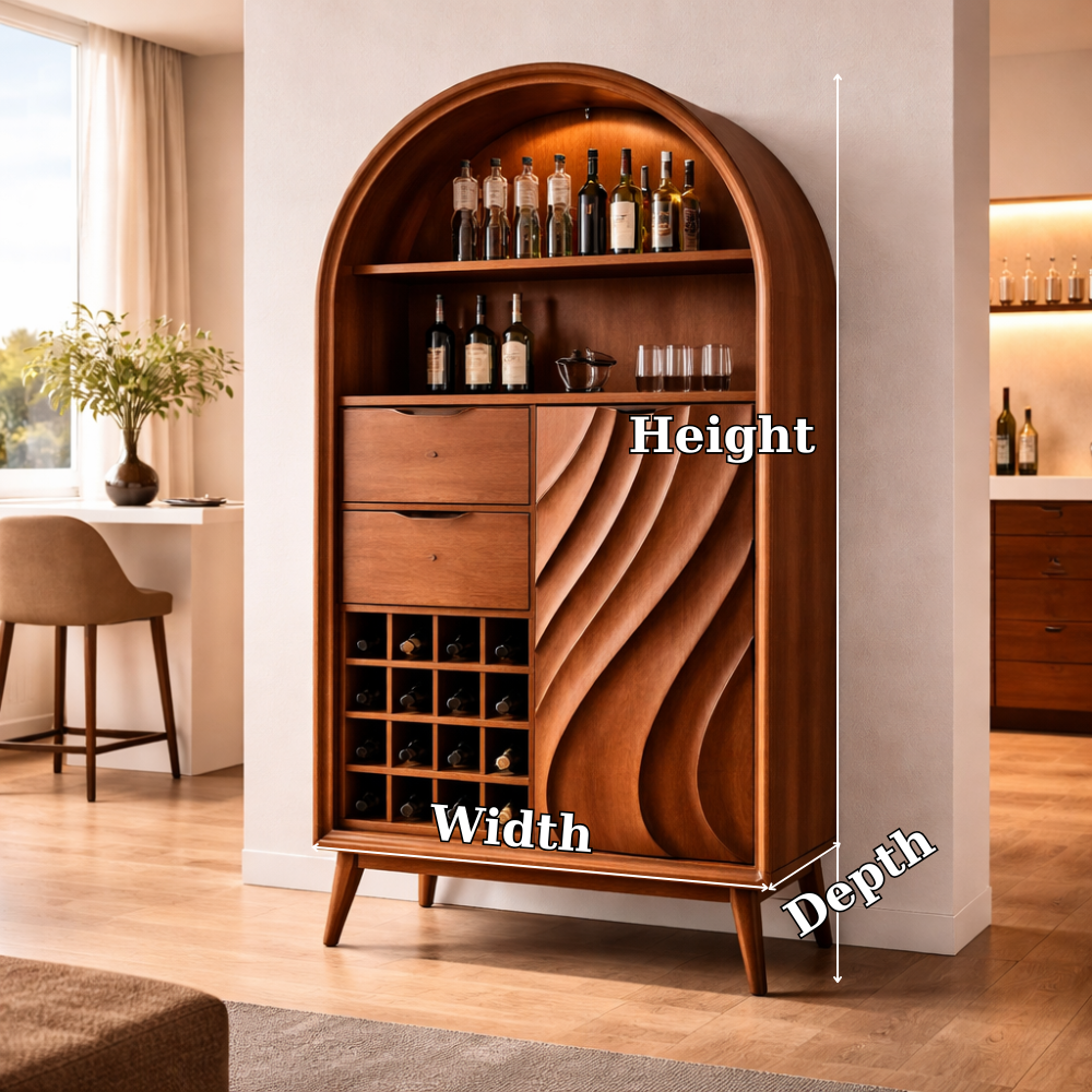 Arched Solid Wood Bar Cabinet with Wine Rack & Sculpted Door – Mid Century Modern Bar Storage