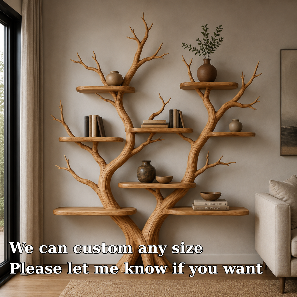 Handcrafted Solid Wood Tree Bookshelf, Organic Freestanding Bookcase & Display Shelf