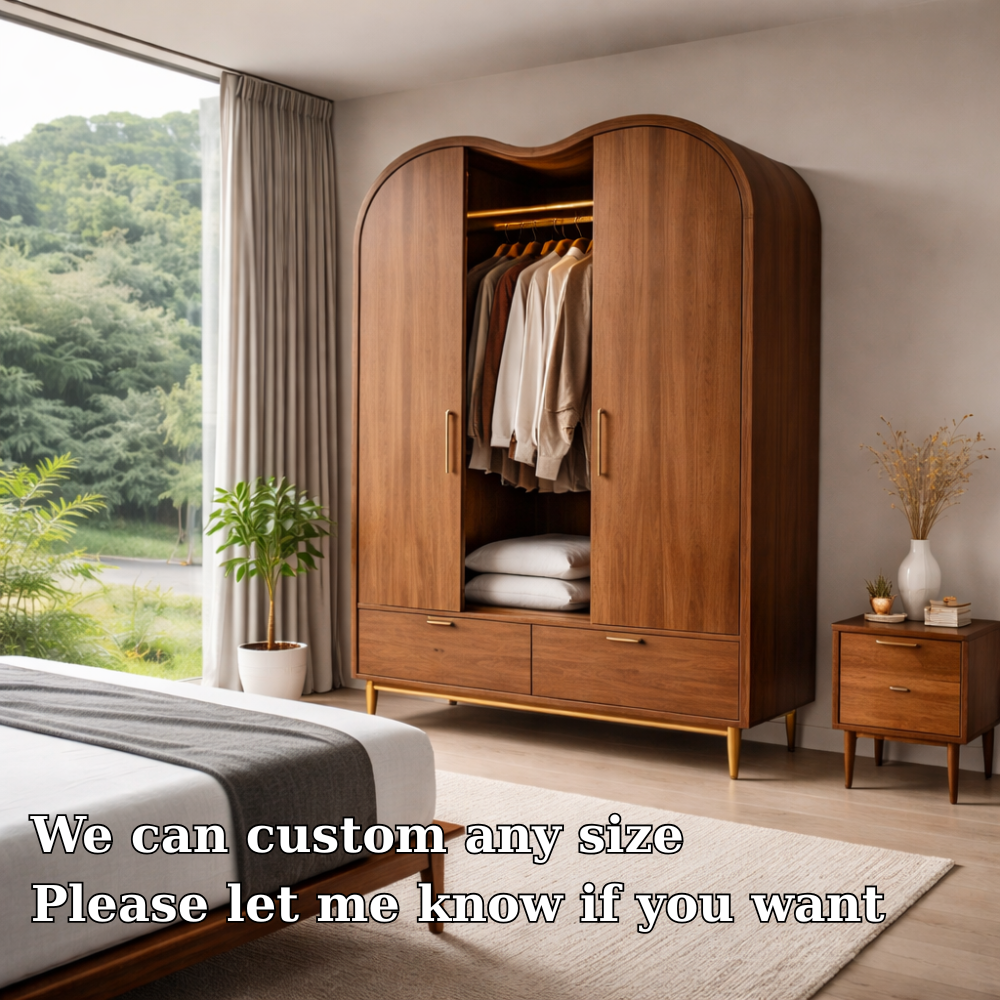 Solid Wood Wardrobe with Curved Top and Drawers – Modern Bedroom Closet