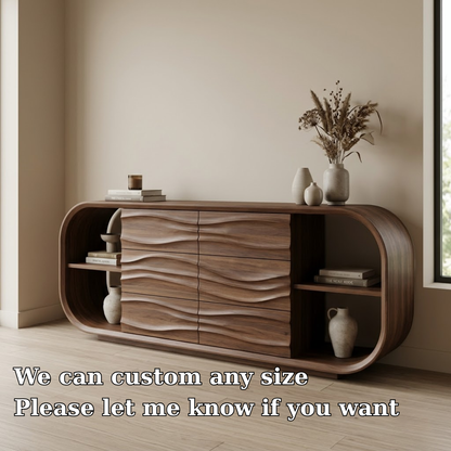 Wave Carved Walnut Console Cabinet - Curved Sideboard with Organic Textures