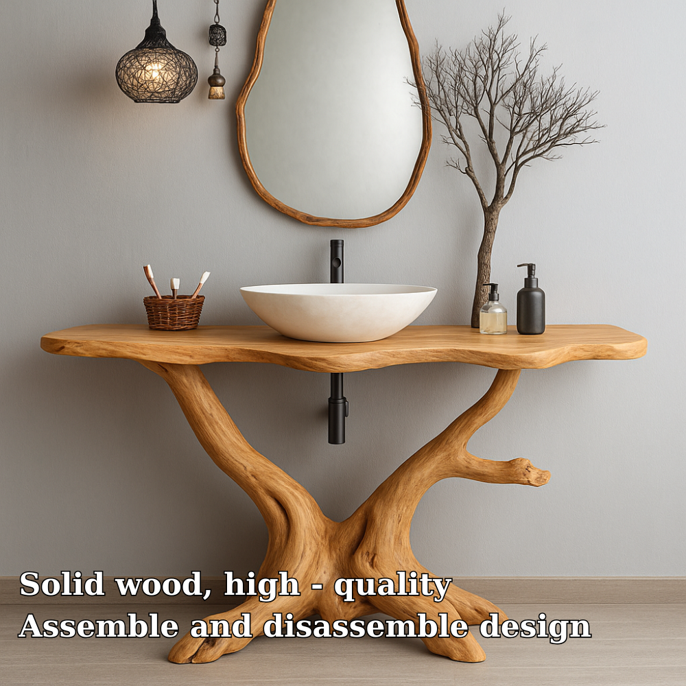 Handcrafted Solid Wood Bathroom Vanity – Organic Tree Root Design with Natural Live Edge Kitchnce