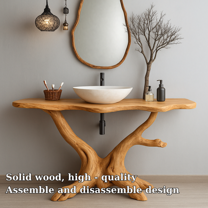 Handcrafted Solid Wood Bathroom Vanity – Organic Tree Root Design with Natural Live Edge Kitchnce