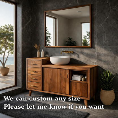 Solid Wood Bathroom Vanity with Drawers & Cabinet Storage – Mid Century Walnut Vanity