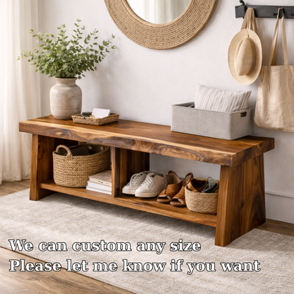 Solid Wood Entryway Bench with Storage | Rustic Hallway Bench with Open Shelves Kitchnce