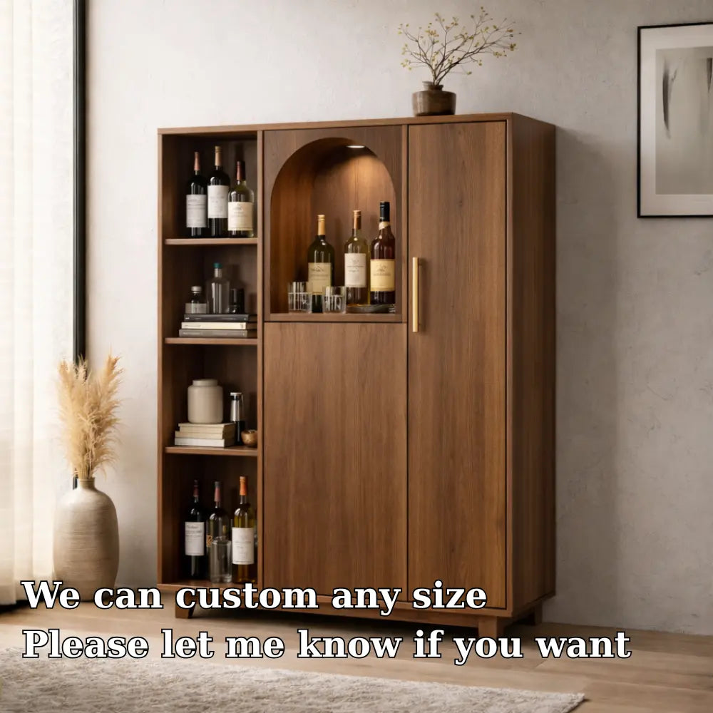 Solid Wood Bar Cabinet with Arched Display Niche and Open Wine Storage Shelf Kitchnce