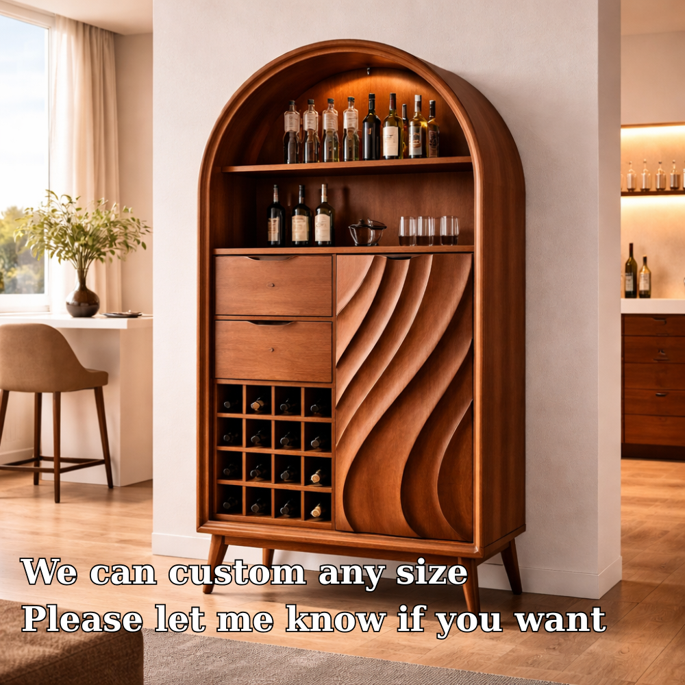 Arched Solid Wood Bar Cabinet with Wine Rack & Sculpted Door – Mid Century Modern Bar Storage